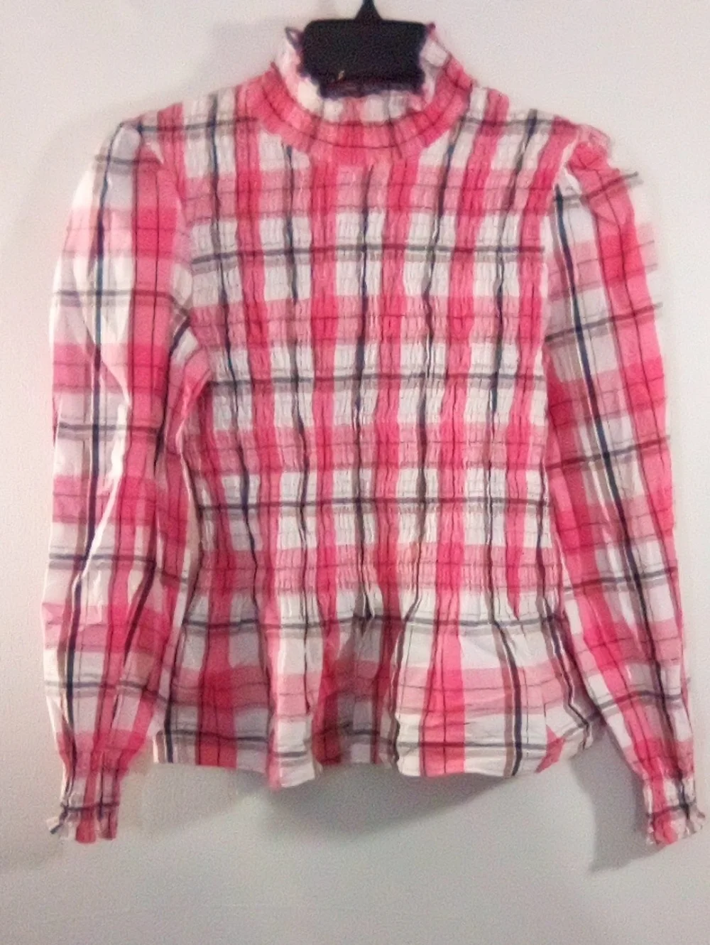 Zara Pink and White Plaid Smocked Long-Sleeve Top